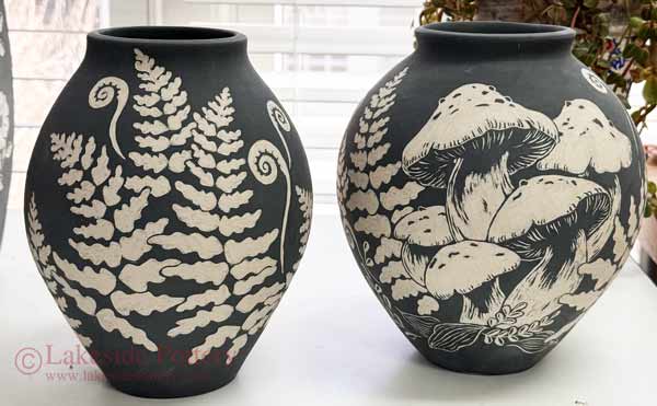 Sgraffito mushroom and fern vases set